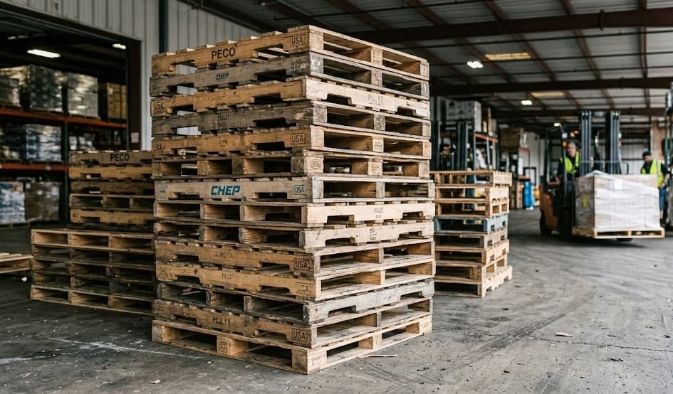 Stacked recycled pallets ready for distribution