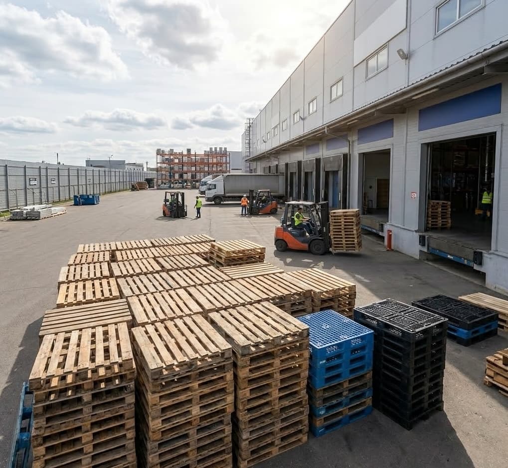 Outdoor pallet sorting yard with forklifts